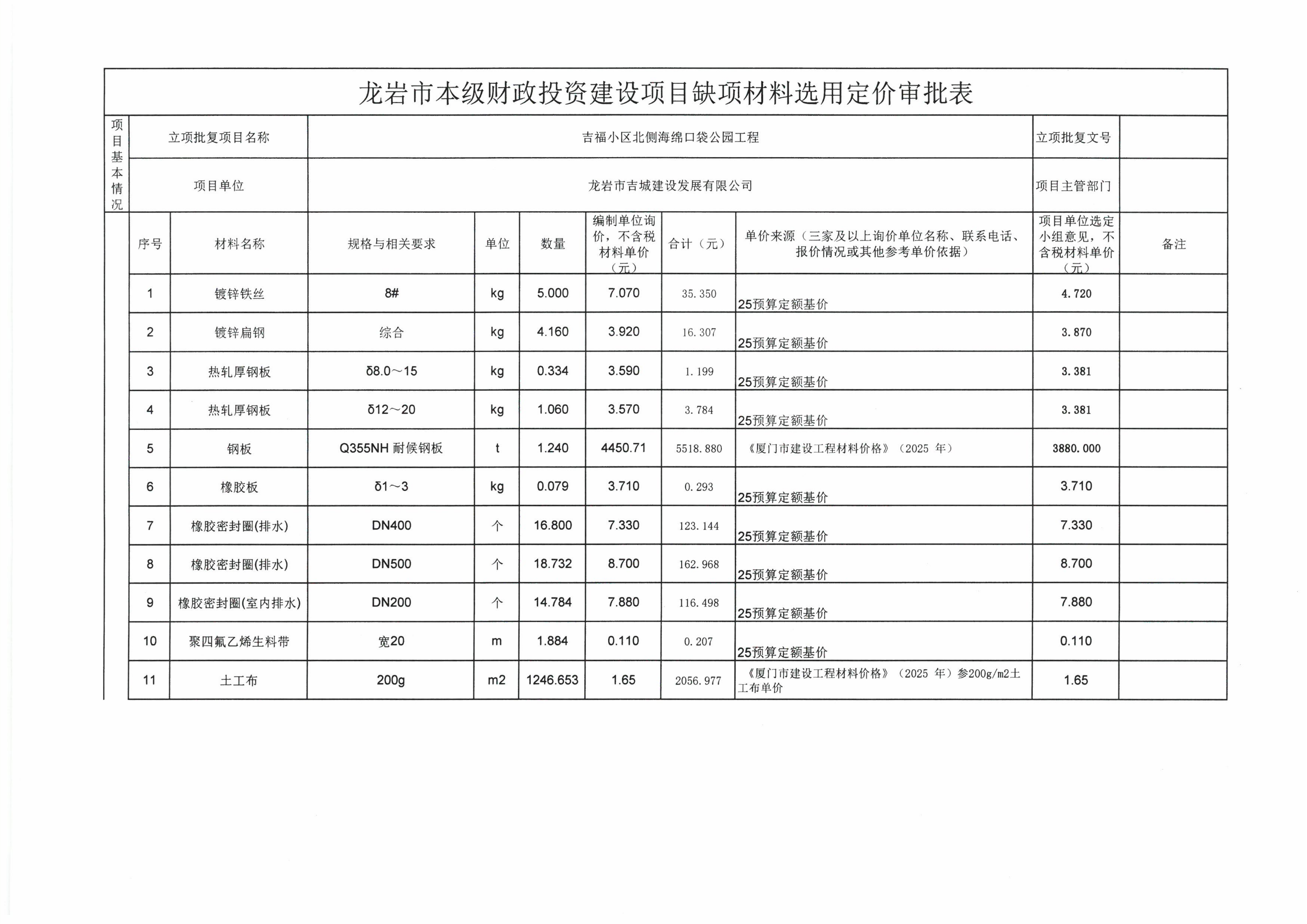 吉福小区北侧海绵口袋公园工程缺项 材料选用定价公示